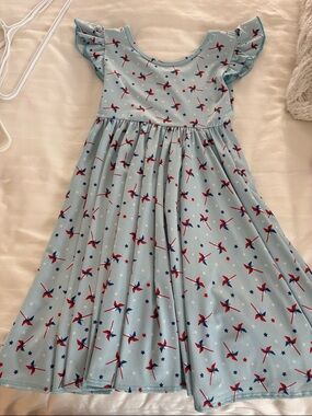 Girls' Light Blue Pinwheel Print Flutter-Sleeve Dress 5/6 Dot Dot Smile